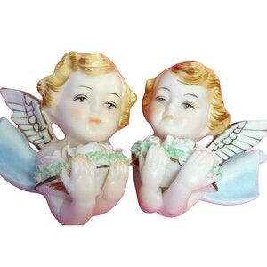 Vintage 60s Cherubs Wall Decor Bisque Porcelain Angels Japan Nostalgia Kitsch